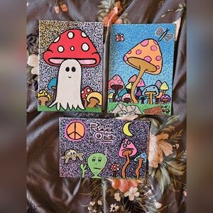 🍄 Whimsical Mushroom & Alien Pop Art Canvases - Set of 3